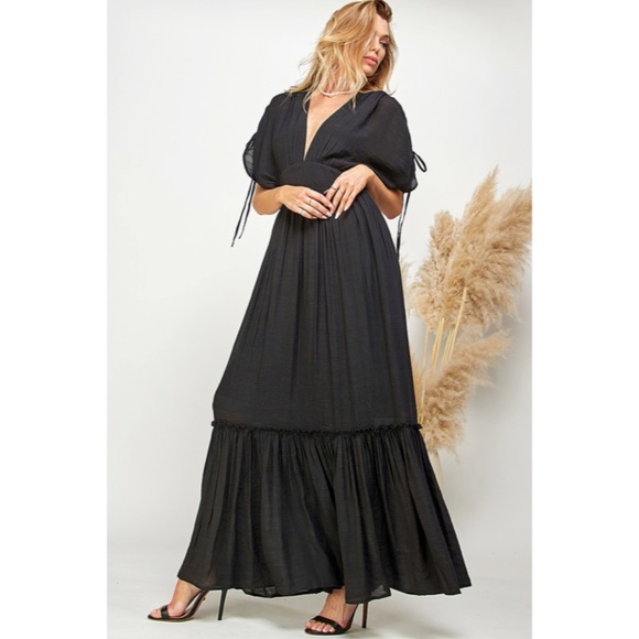 SOLD OUT Black Ruffled & Tiered Plunge Neck Maxi Dress - Picture 2 of 4